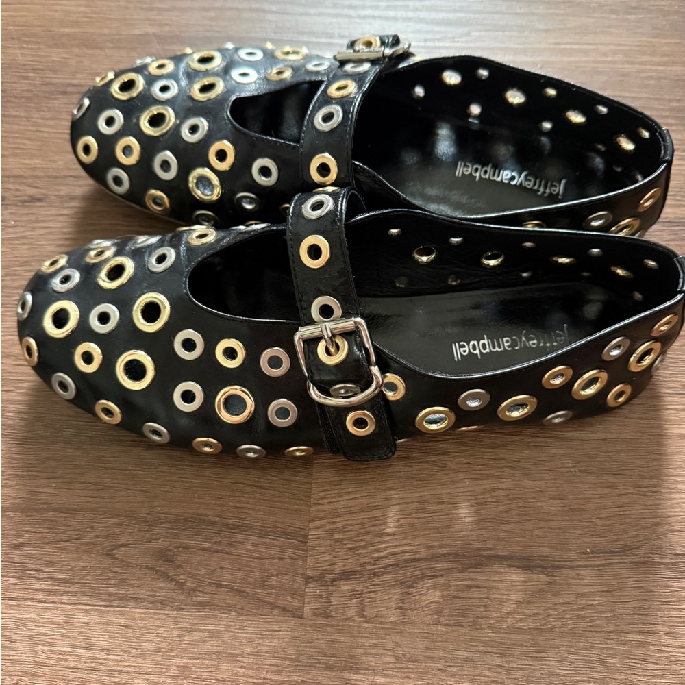 Jeffrey Campbell Black Mary Jane Flats with Gold & Silver Grommets - Picture 3 of 3
